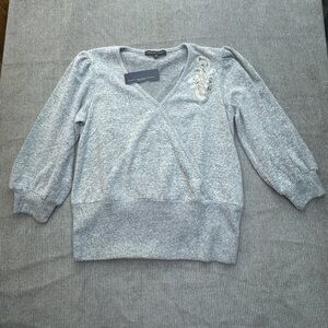 Adrienne Vittadini Light Gray V-Neck Sweater with Embellishment
